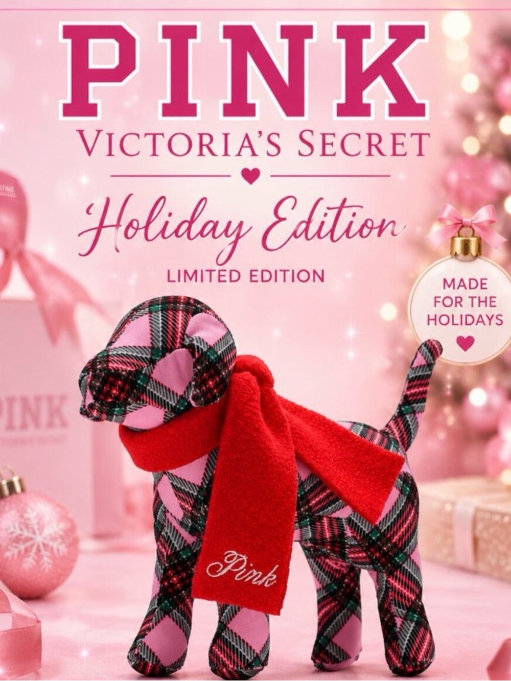 NWT PINK Victoria's Secret Holiday Plaid Plush Limited Edition Holiday Dog.
